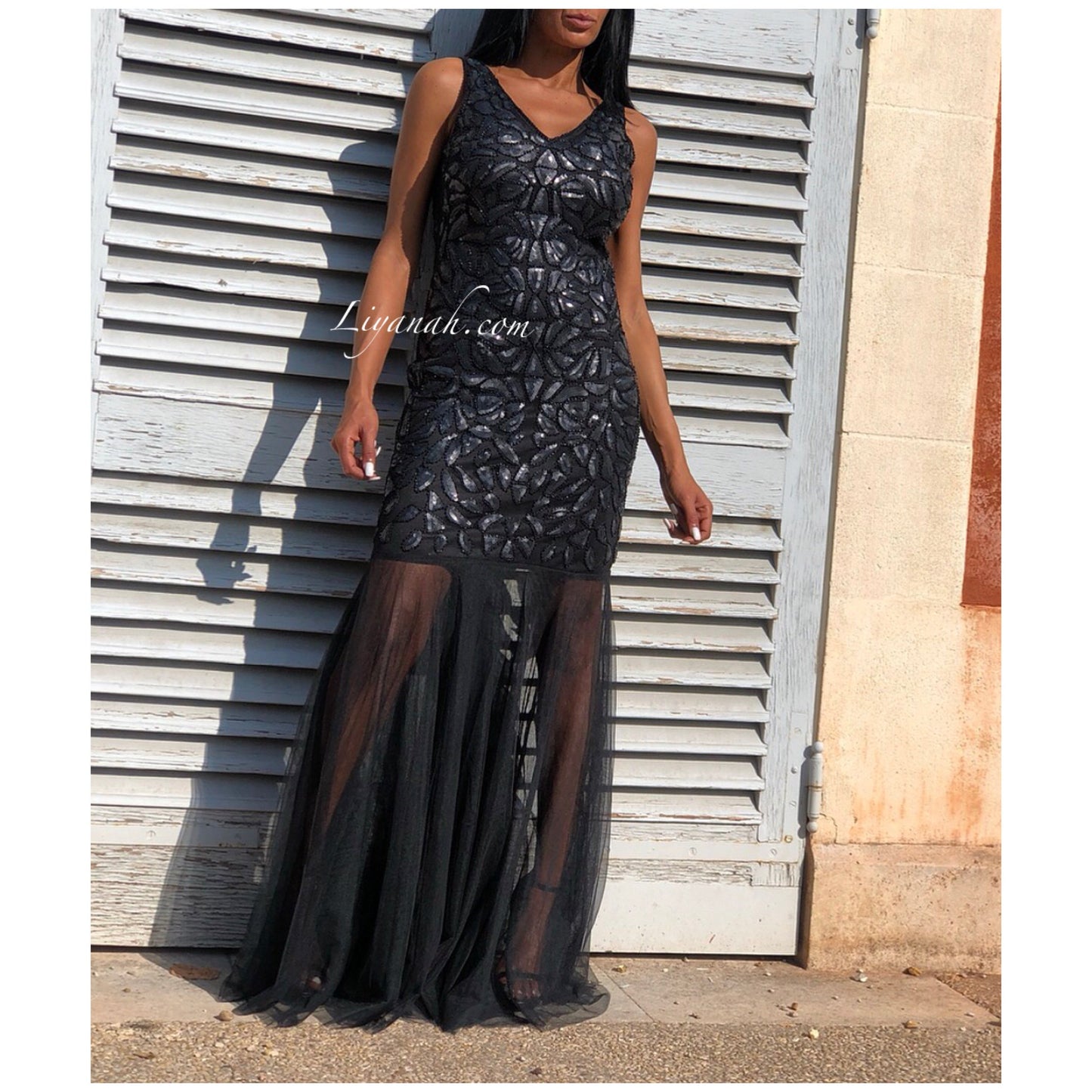 ROBE à Sequins Et Tulle NOIR Modèle SHAWNA