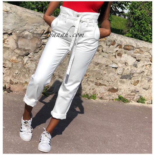 JEAN MOM WHITE Taille Haute À NOEUD Modèle DARYANA