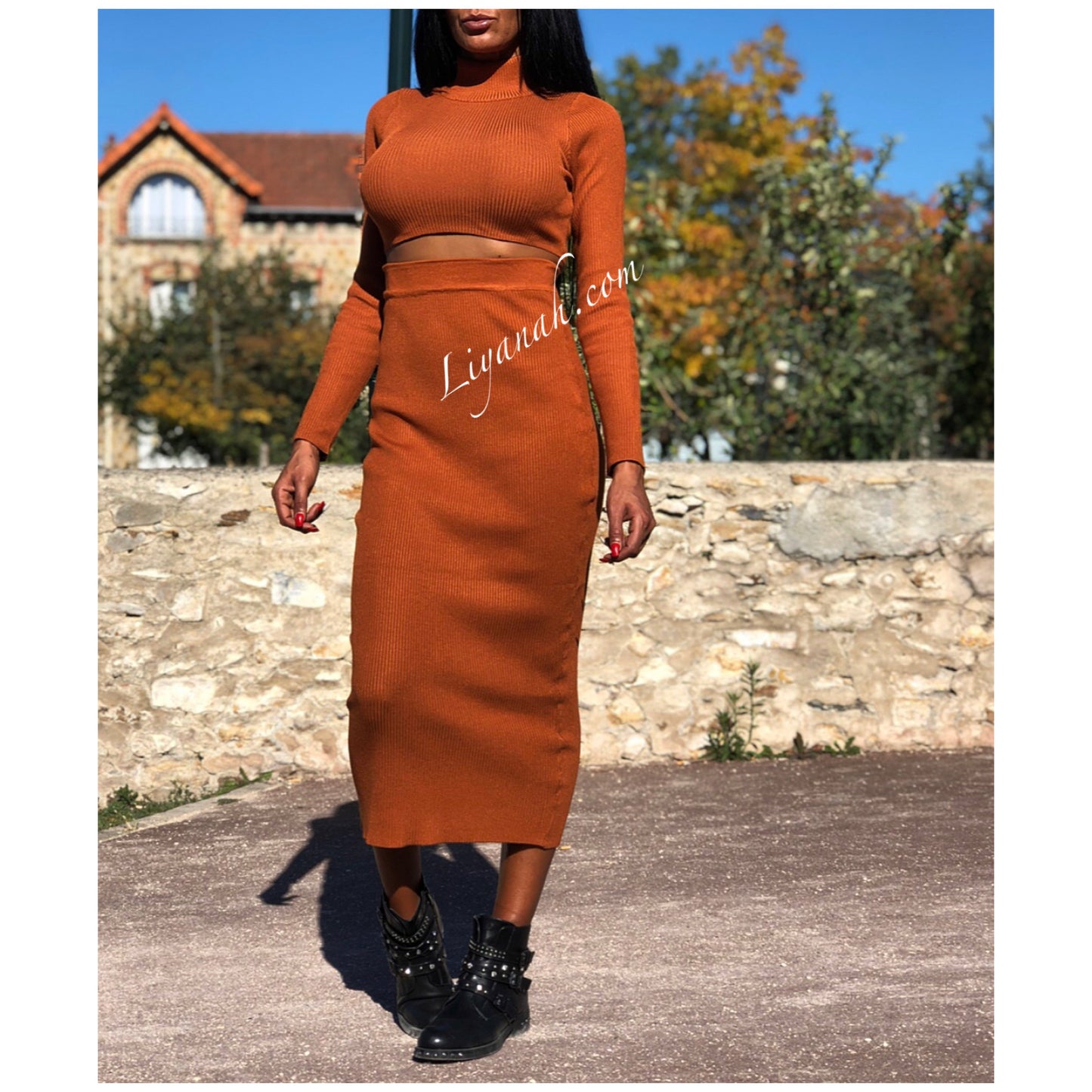 Ensemble Pull Crop Top et Jupe Longue Modèle ALYMEA ROUILLE