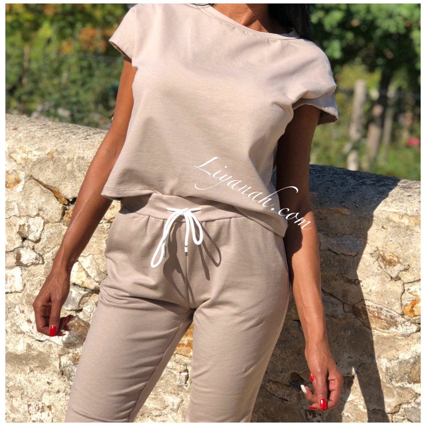 Ensemble Top / Pantalon Col Rond Modèle VEYA NOIR ou BEIGE