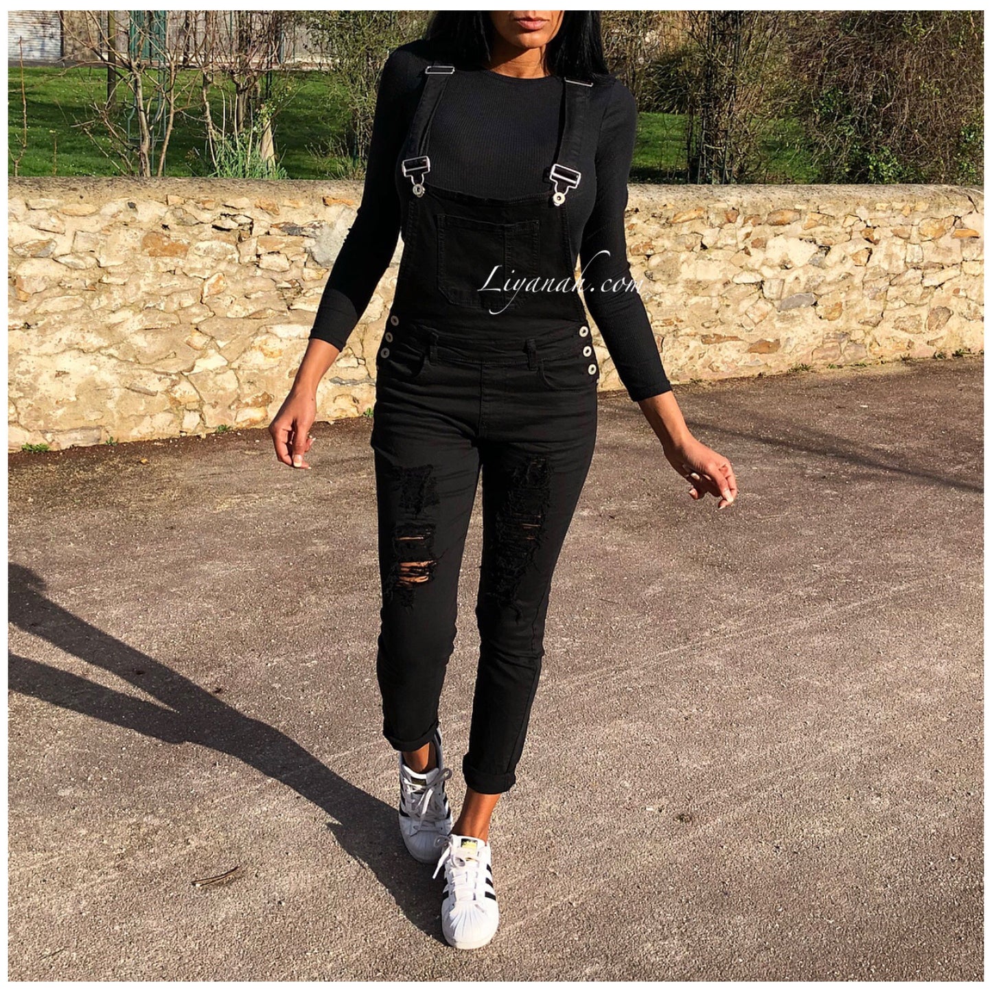 SALOPETTE NOIR Jean Effet Boyfriend MALYA