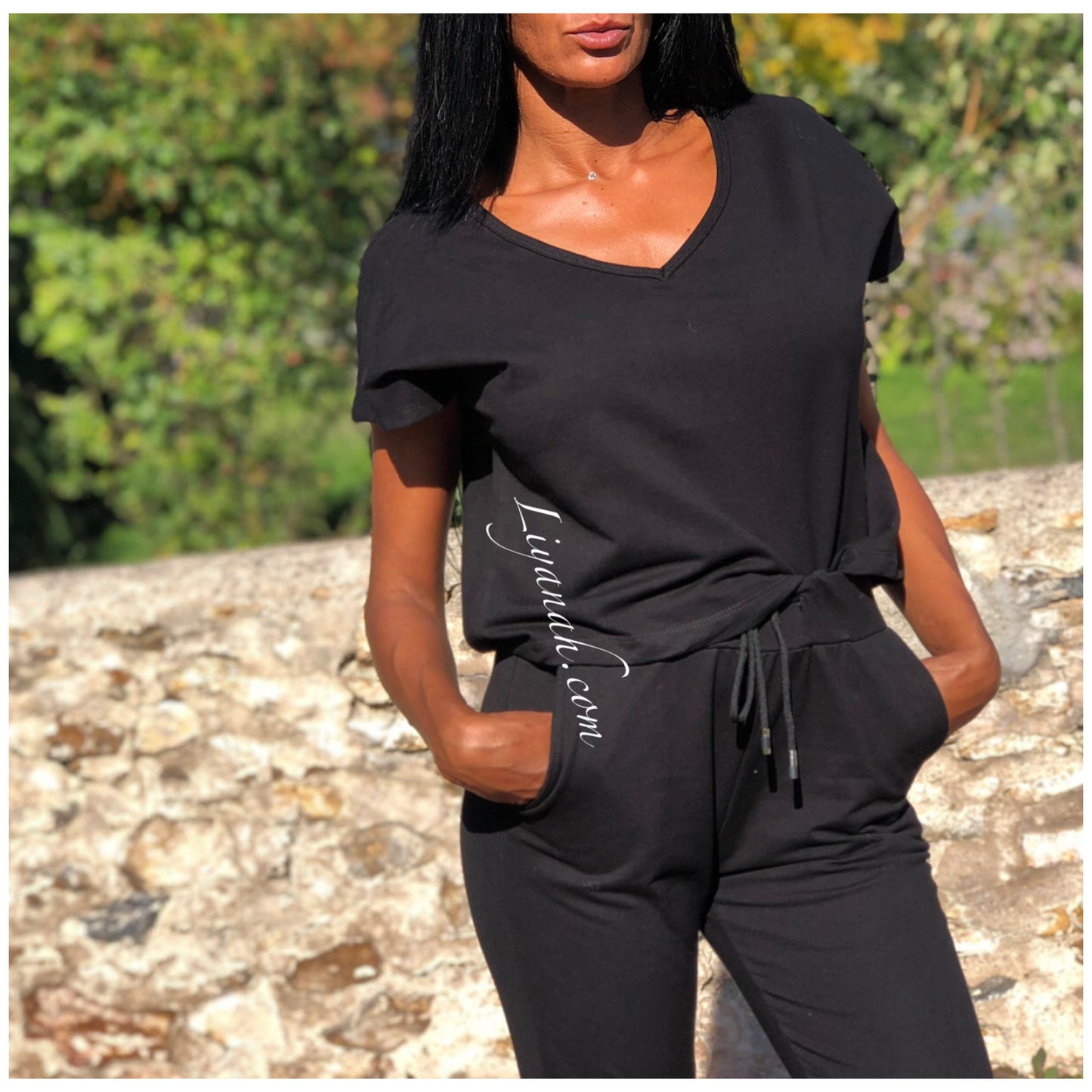 Ensemble Top / Pantalon Col V Modèle VEYA NOIR ou BEIGE