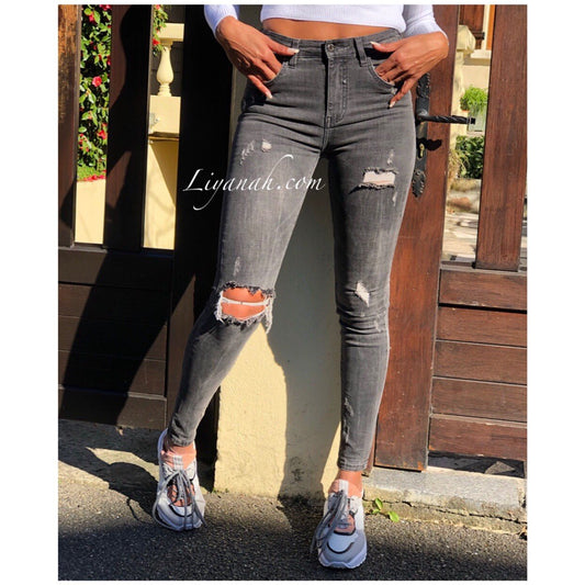 Jean Skinny Modèle DIVYA GRIS FONCÉ DESTROY TAILLE MI-HAUTE