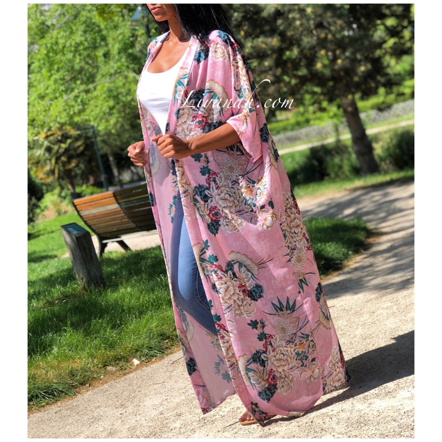 Kimono Long AYALA Fleuri Rose ou Vert