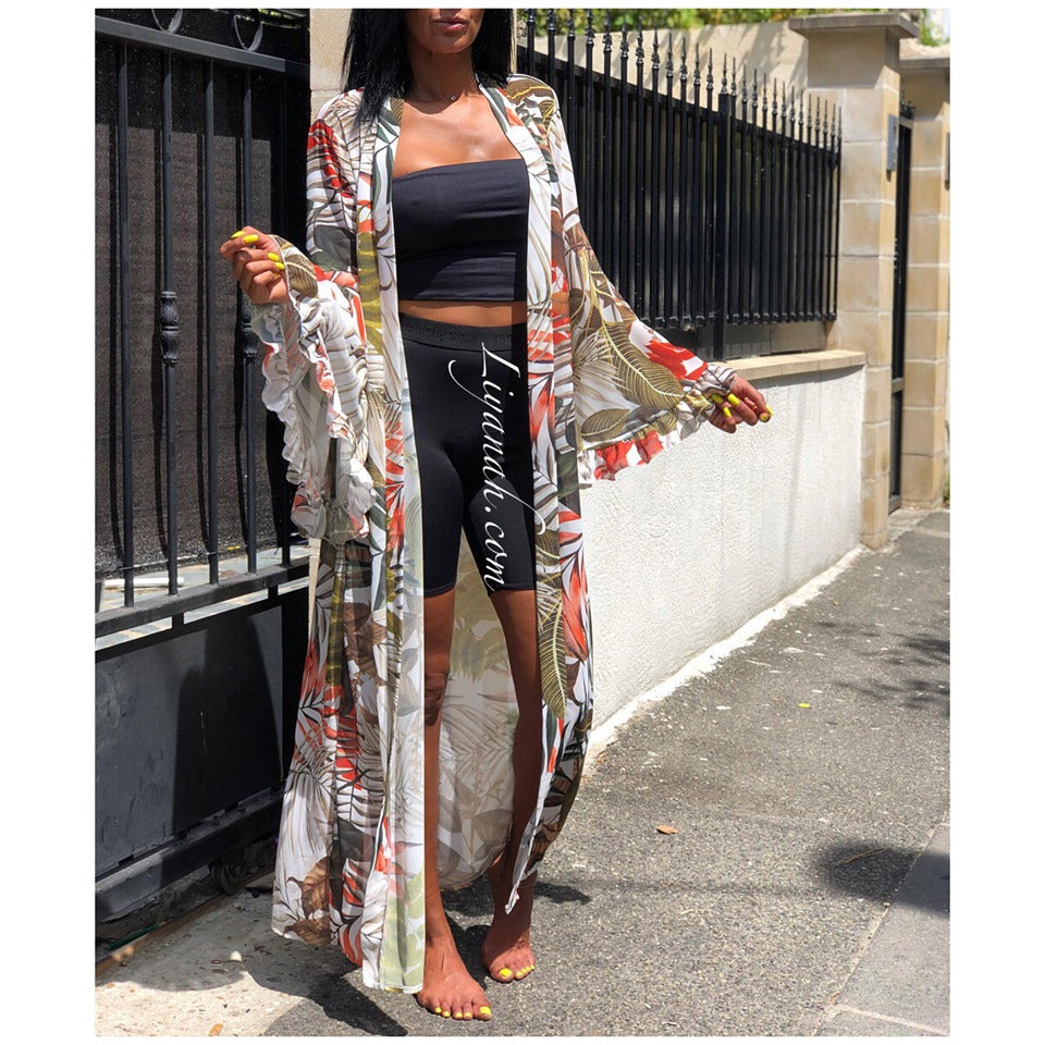 Kimono Long Modèle ETHYA Blanc/Orange