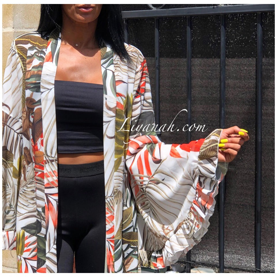 Kimono Long Modèle ETHYA Blanc/Orange