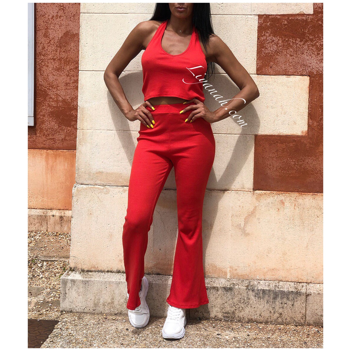 Ensemble Crop Top + Pantalon MYLINE Noir ou Rouge