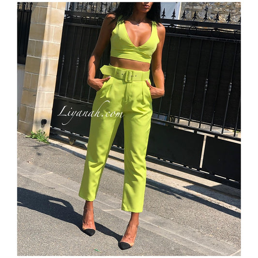 Ensemble Crop Top + Pantalon Modèle NATYA VERT PISTACHE