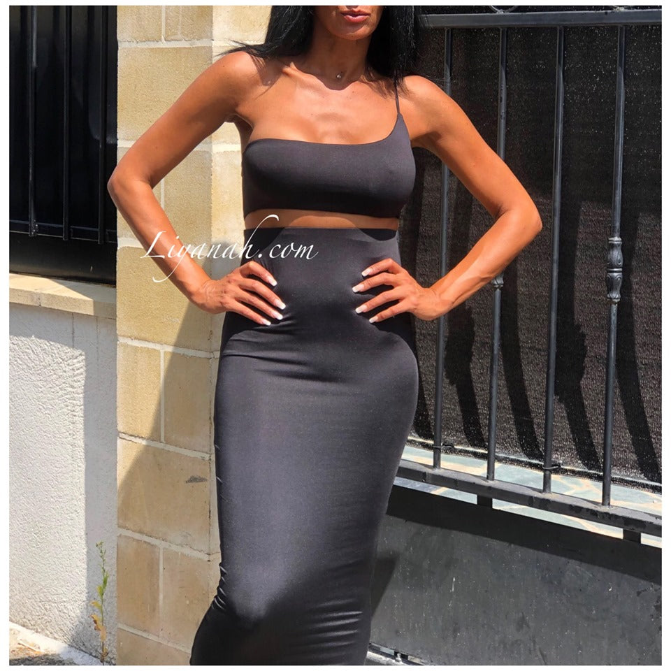 Ensemble Crop Top + Jupe Modèle SILYA NOIR