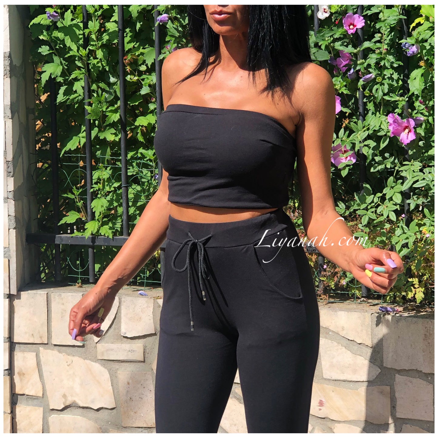 Ensemble Crop Top bandeau + Pantalon Modèle JARA NOIR