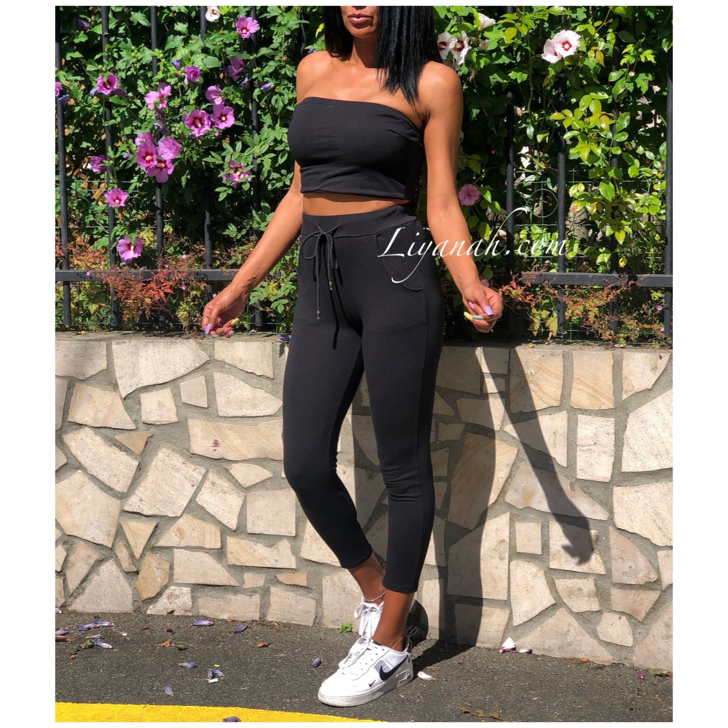 Ensemble Crop Top bandeau + Pantalon Modèle JARA NOIR