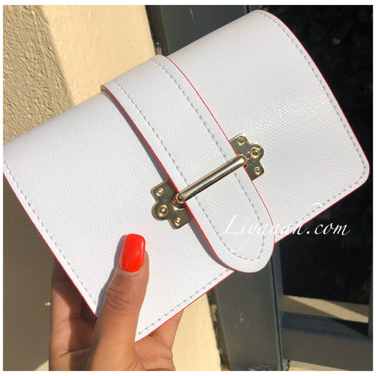 Sac Cuir PETIT Modèle EVYRYA BLANC CONTOUR ROUGE