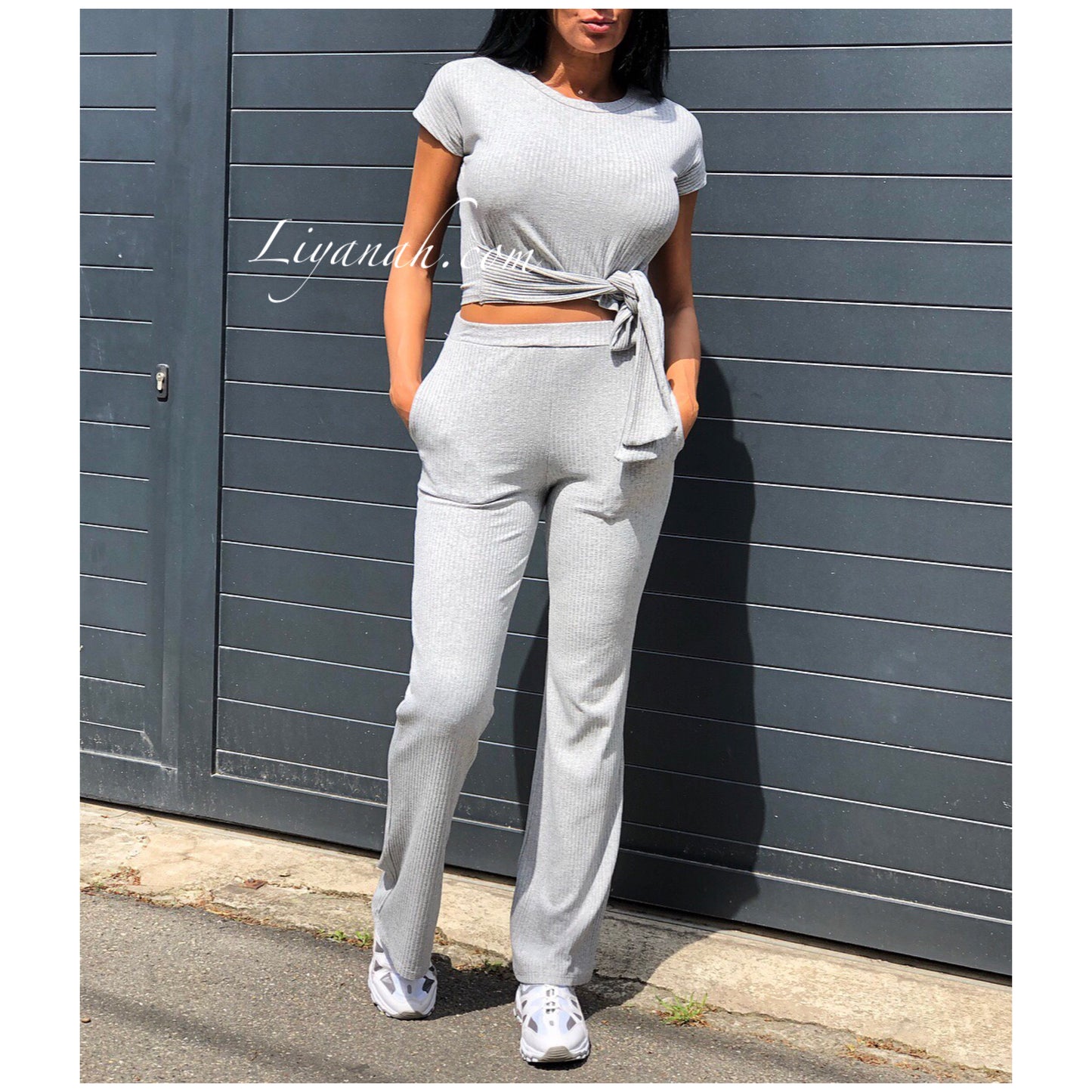 Ensemble Crop Top + Pantalon ANDY Noir, Gris, Beige, Jaune, Blanc ou Orange