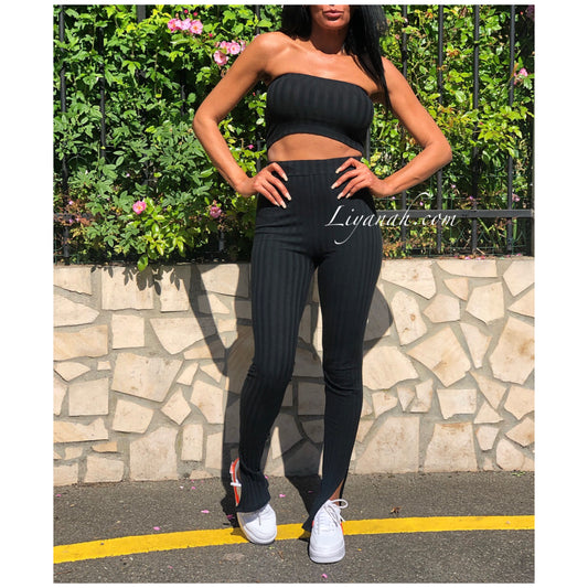 Ensemble Crop Top bandeau + Pantalon Modèle KAMAYA NOIR