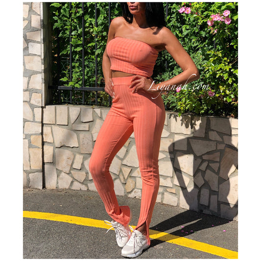 Ensemble Crop Top bandeau + Pantalon Modèle KAMAYA CORAIL