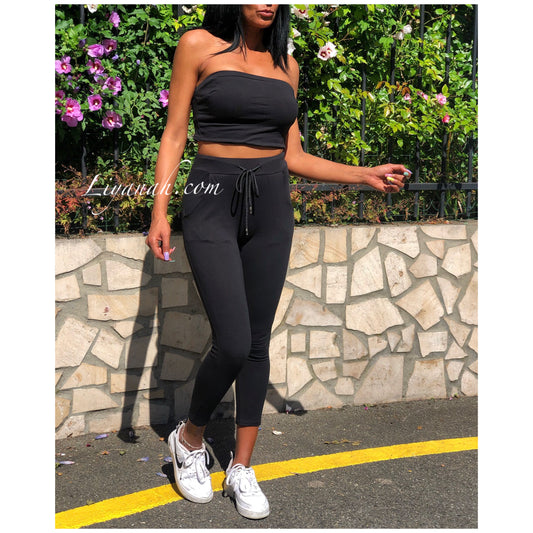 Ensemble Crop Top bandeau + Pantalon Modèle JARA NOIR