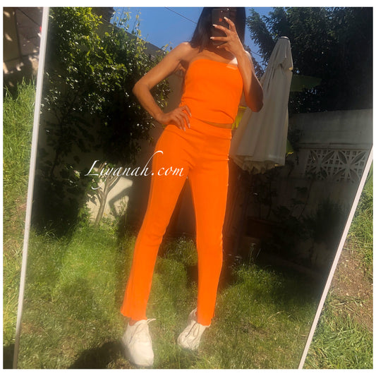 Ensemble Crop Top + Pantalon Modèle NYKARA ORANGE CLAIR