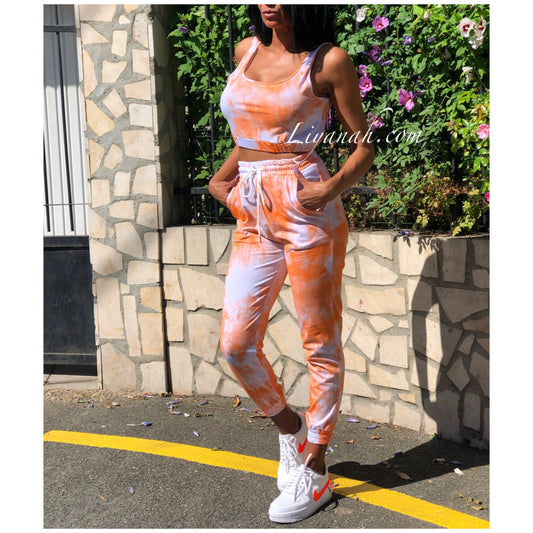 Ensemble Crop Top + Bas de jogging Modèle AMANA ORANGE/BLANC