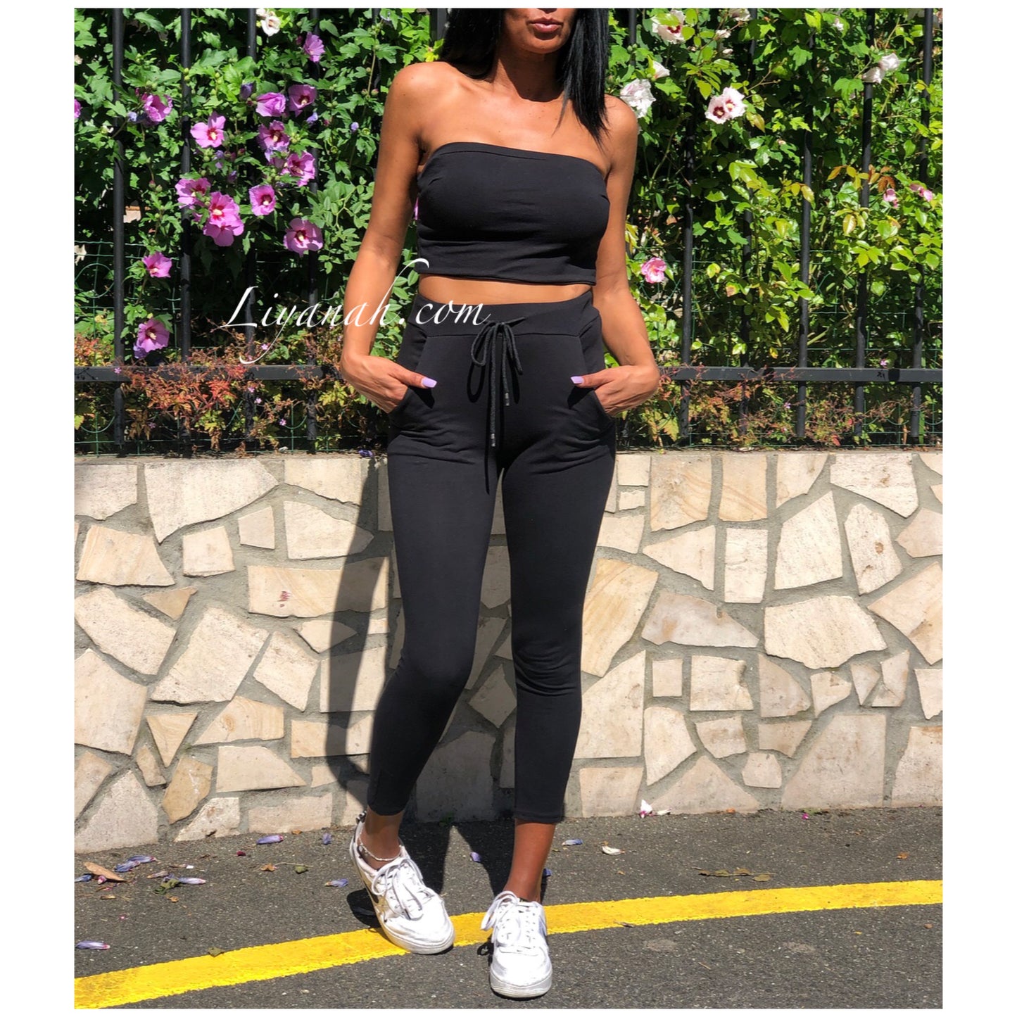 Ensemble Crop Top bandeau + Pantalon Modèle JARA NOIR