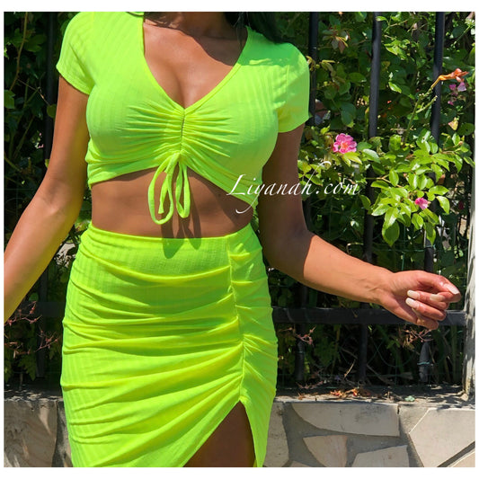 Ensemble Crop Top + Jupe Modèle ISA JAUNE FLUO