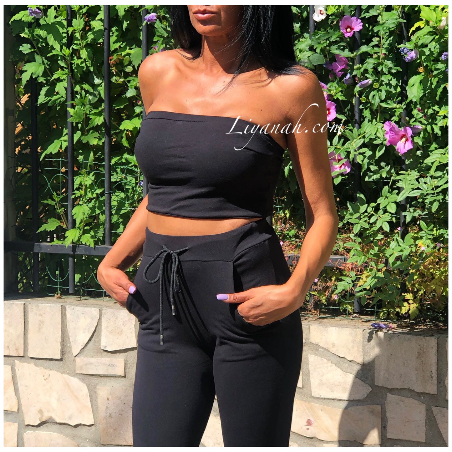 Ensemble Crop Top bandeau + Pantalon Modèle JARA NOIR