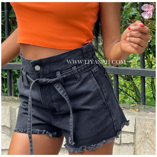 SHORT JEAN NOIR Taille Haute À NOEUD Modèle DARYANA