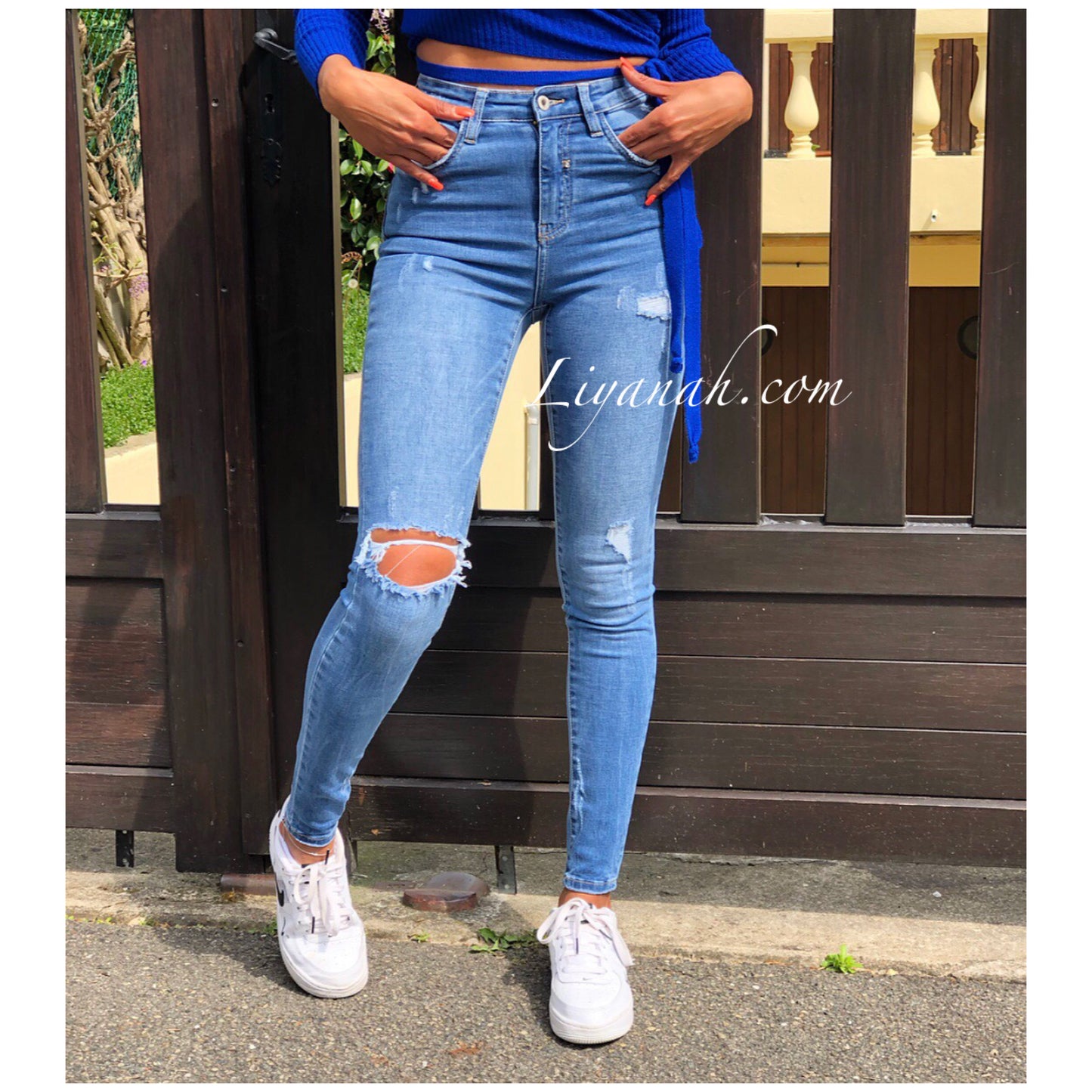 Jean Skinny Modèle DIVYA LIGHT BLUE DESTROY TAILLE MI-HAUTE