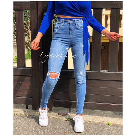 Jean Skinny Modèle DIVYA LIGHT BLUE DESTROY TAILLE MI-HAUTE