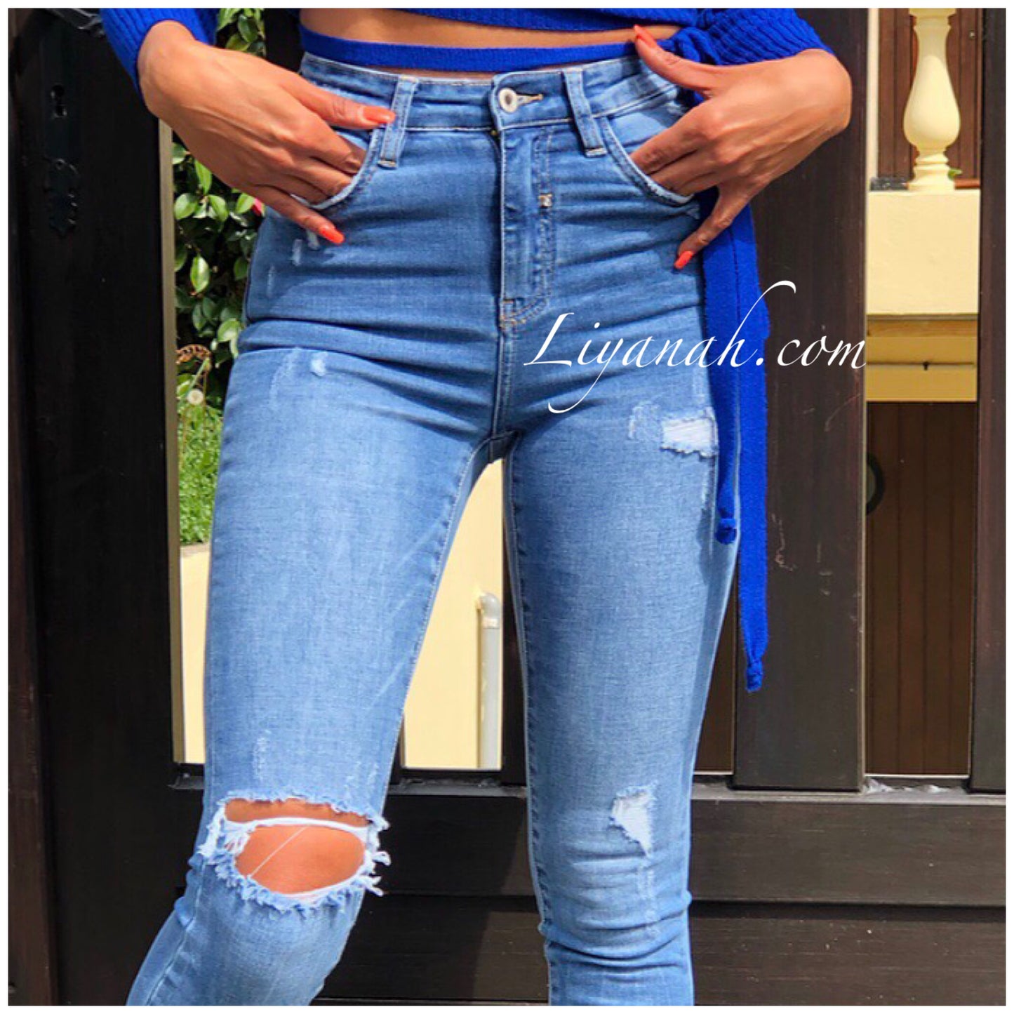 Jean Skinny Modèle DIVYA LIGHT BLUE DESTROY TAILLE MI-HAUTE